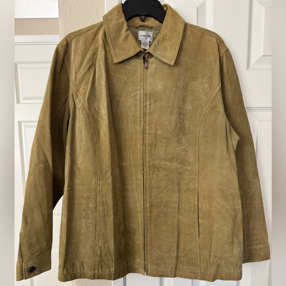 Chicos Tan Suede Leather Zip Up Collared Jacket Blazer